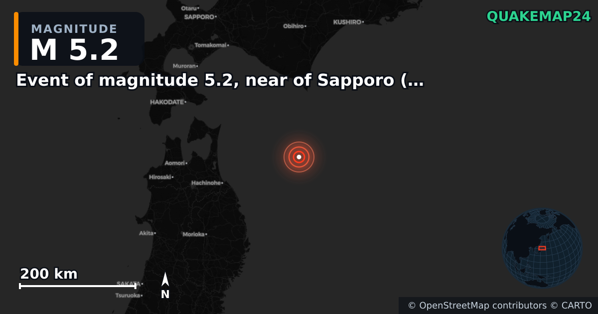 M5.2 earthquake near Event of magnitude 5.2, near of Sapporo (Monde) on Dec 8, 2025 — map of epicenter and shaking intensity | QuakeMap24
