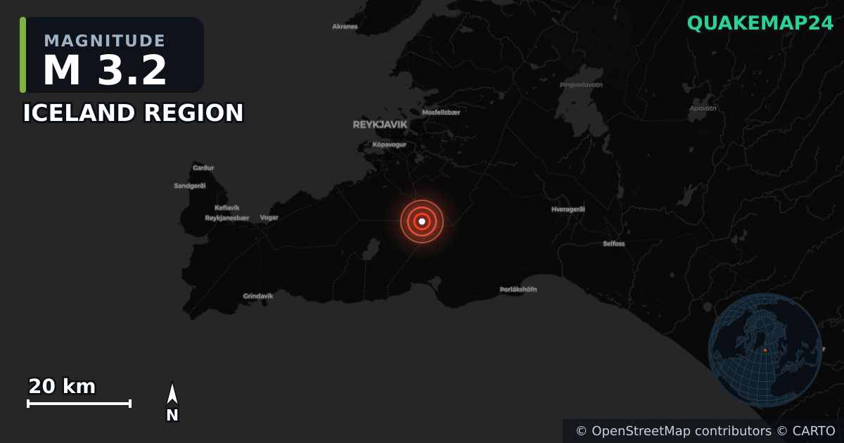 M3.2 earthquake near ICELAND REGION on Aug 18, 2025 — map of epicenter and shaking intensity | QuakeMap24