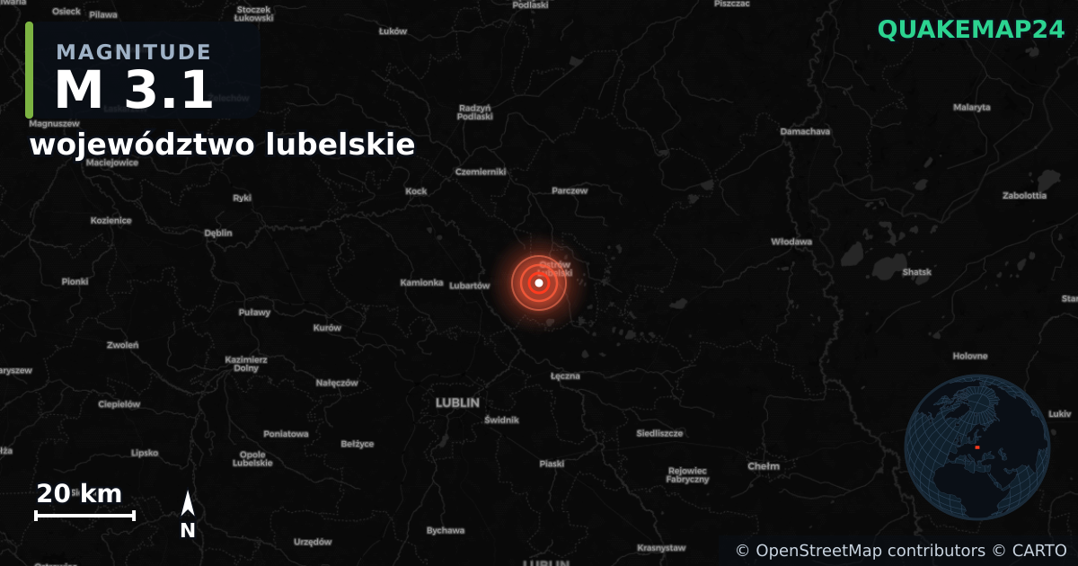 M3.1 earthquake near województwo lubelskie on Dec 15, 2025 — map of epicenter and shaking intensity | QuakeMap24