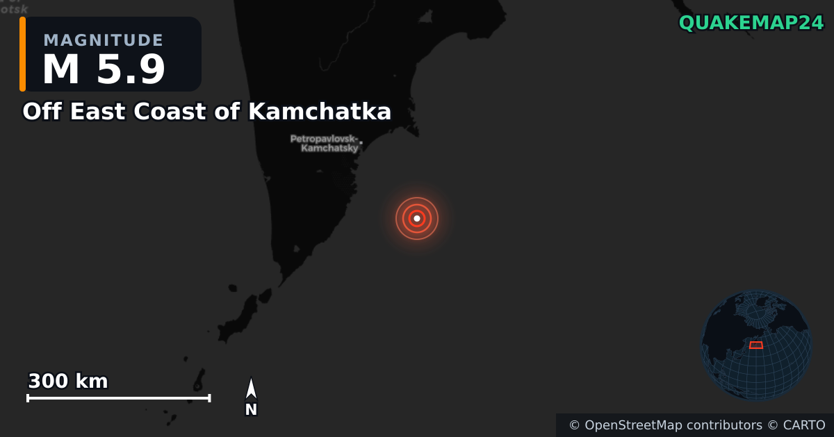 Off East Coast of Kamchatka yakınında M5,9 deprem — Deprem merkez üssünün konumunu gösteren harita