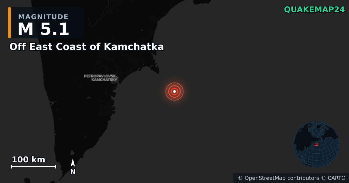 M5.1 earthquake near Off East Coast of Kamchatka on Jul 28, 2025 — map of epicenter and shaking intensity | QuakeMap24