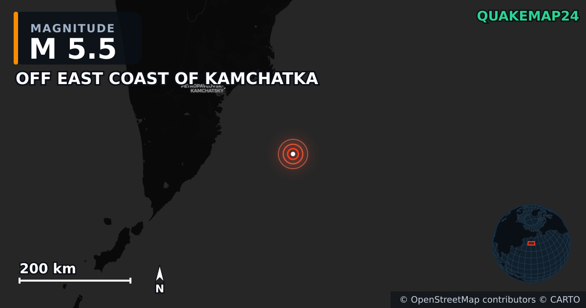 M5.5 earthquake near OFF EAST COAST OF KAMCHATKA on Jul 30, 2025 — map of epicenter and shaking intensity | QuakeMap24