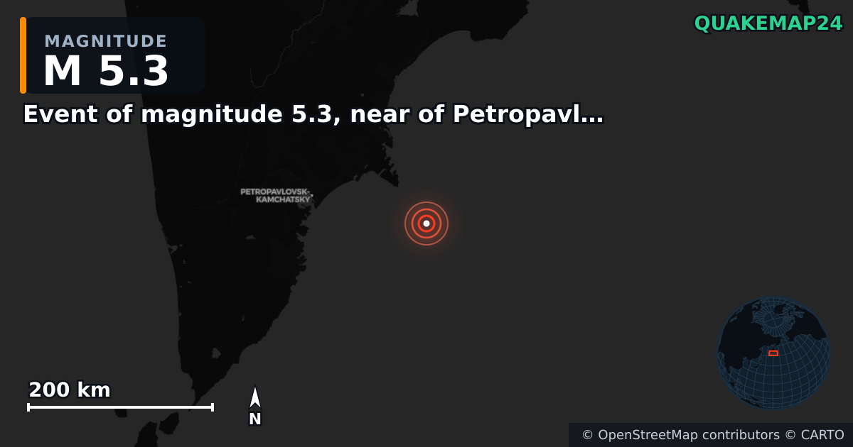 M5.3 earthquake near Event of magnitude 5.3, near of Petropavlovsk Kamchatskiy (Monde) on Dec 6, 2025 — map of epicenter and shaking intensity | QuakeMap24