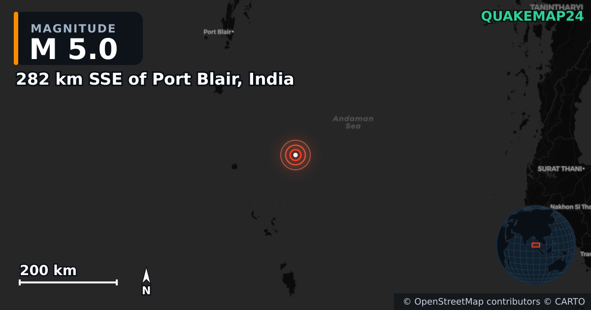 282 km SSE of Port Blair, India yakınında M5,0 deprem · 2025-06-30 — Deprem merkez üssünün konumunu gösteren harita