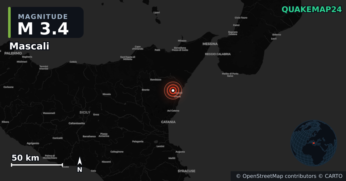 M3.4 earthquake near Mascali on Aug 15, 2026 — map of epicenter and shaking intensity | QuakeMap24