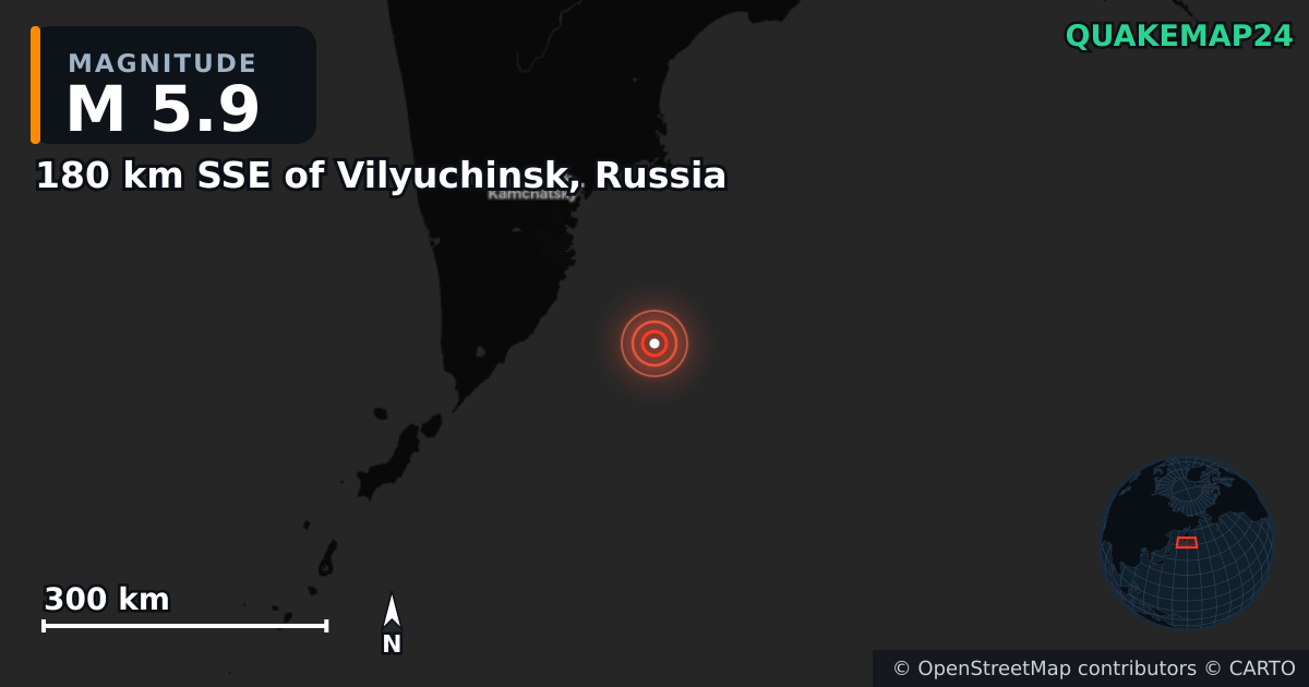 M5.9 earthquake near 180 km SSE of Vilyuchinsk, Russia on Aug 6, 2025 — map of epicenter and shaking intensity | QuakeMap24