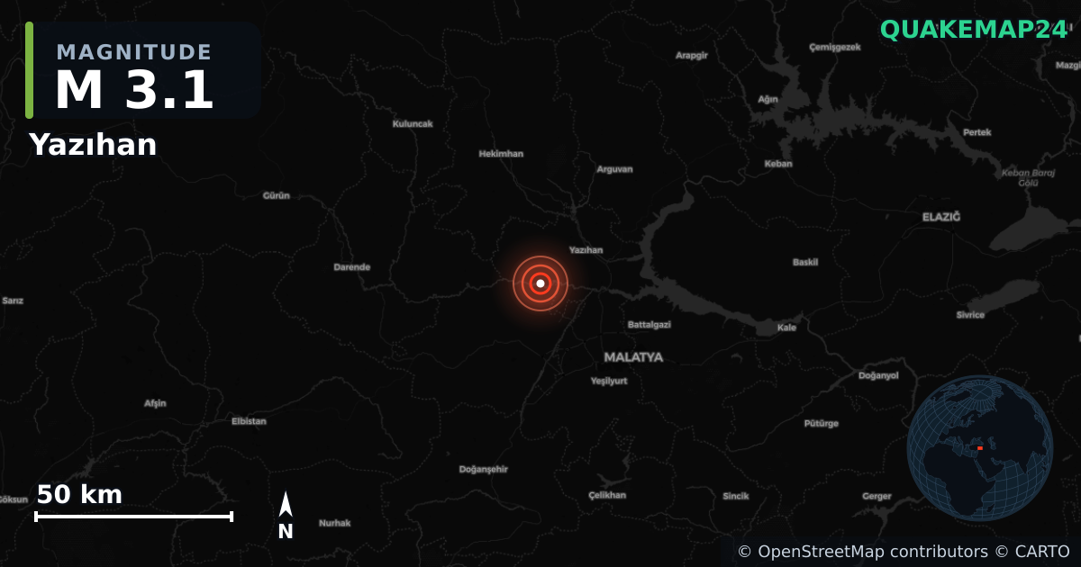 M3.1 earthquake near Yazıhan on Dec 1, 2025 — map of epicenter and shaking intensity | QuakeMap24