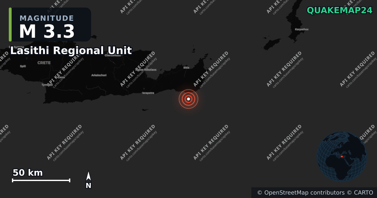 M3.3 earthquake near Lasithi Regional Unit on Sep 2, 2026 — map of epicenter and shaking intensity | QuakeMap24