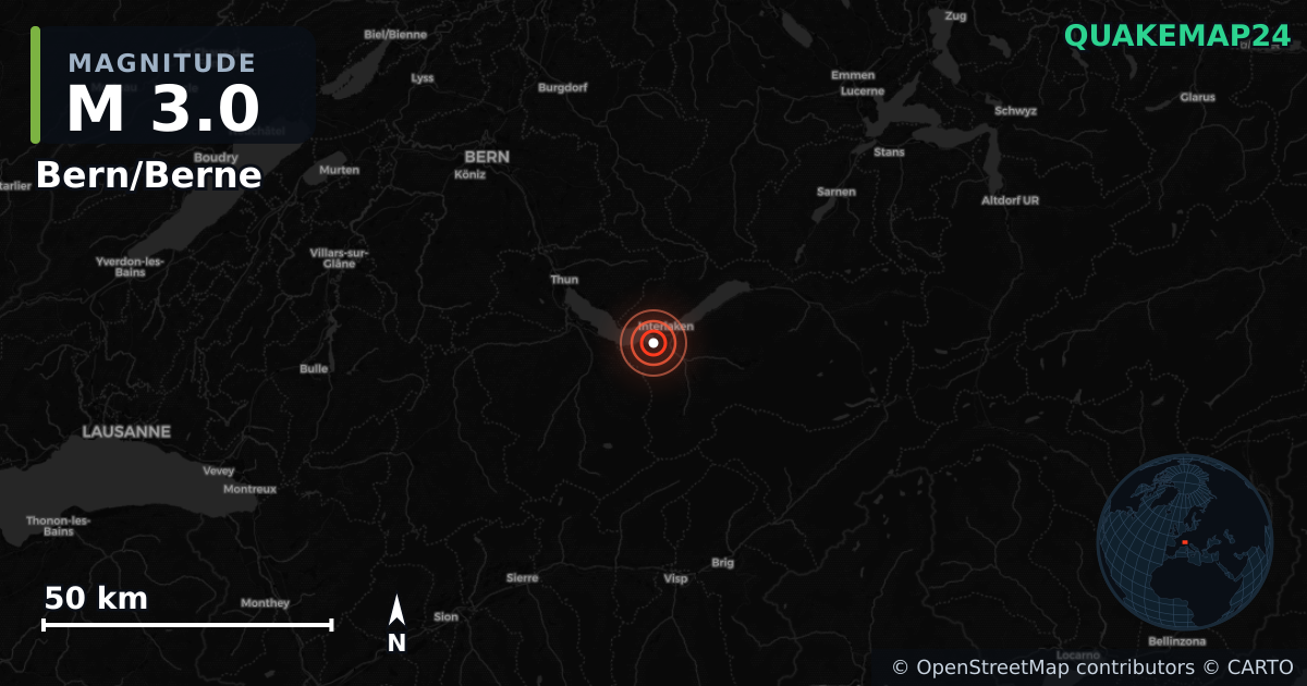 M3.0 earthquake near Bern/Berne on Jul 22, 2025 — map of epicenter and shaking intensity | QuakeMap24