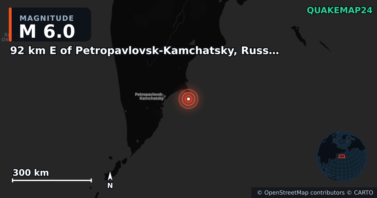 M6.0 earthquake near 92 km E of Petropavlovsk-Kamchatsky, Russia on Sep 29, 2025 — map of epicenter and shaking intensity | QuakeMap24