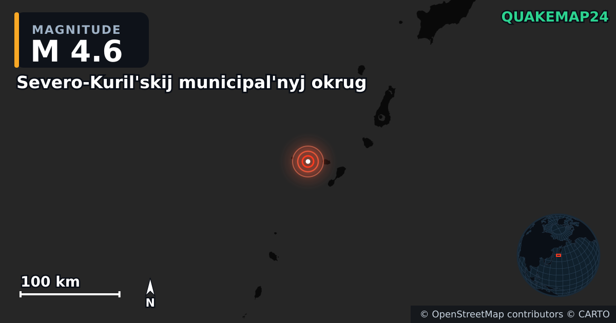 M4.6 earthquake near Severo-Kuril'skij municipal'nyj okrug on Feb 23, 2026 — map of epicenter and shaking intensity | QuakeMap24