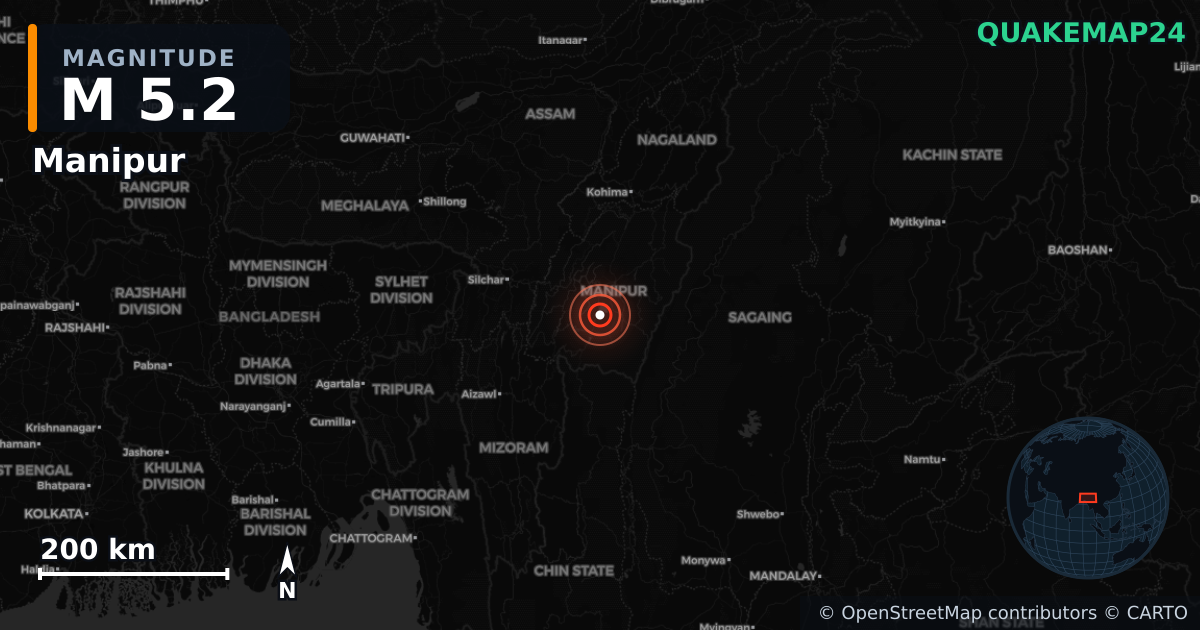 M5.2 earthquake near Manipur on May 27, 2025 — map of epicenter and shaking intensity | QuakeMap24