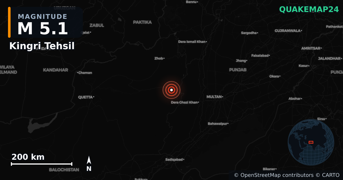 M5.1 earthquake near Kingri Tehsil on Jun 26, 2026 — map of epicenter and shaking intensity | QuakeMap24