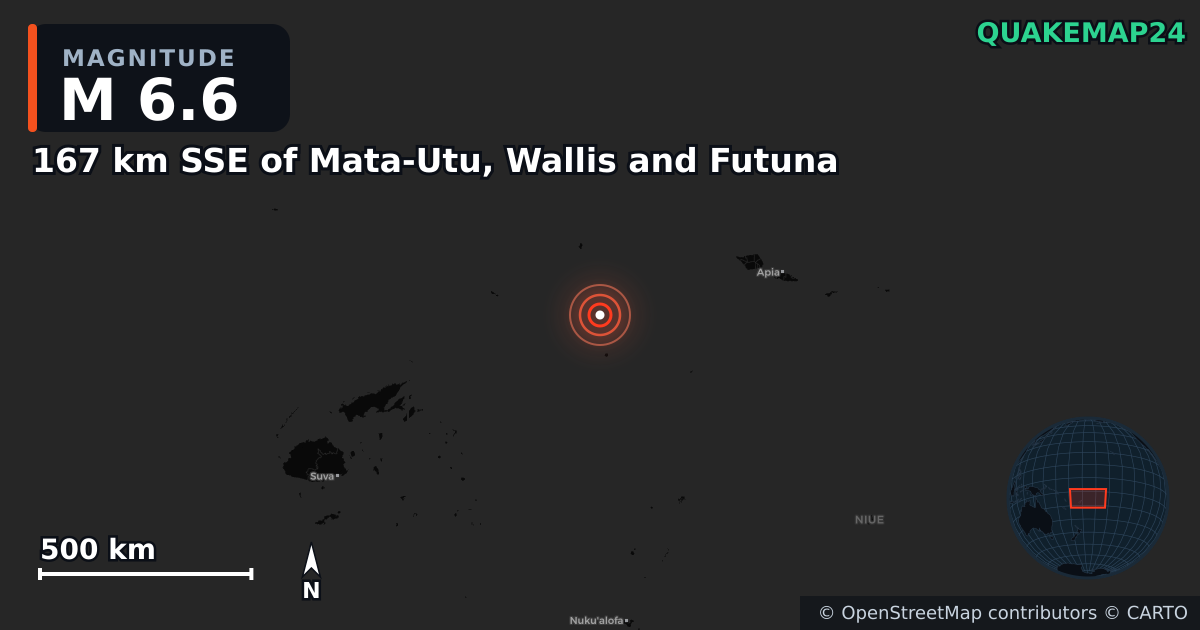 M6.6 earthquake near 167 km SSE of Mata-Utu, Wallis and Futuna on Jul 24, 2025 — map of epicenter and shaking intensity | QuakeMap24