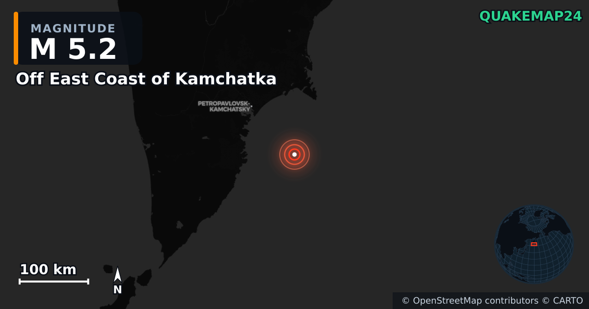 Erdbeben M5,2 bei Off East Coast of Kamchatka — Karte der Lage des Epizentrums