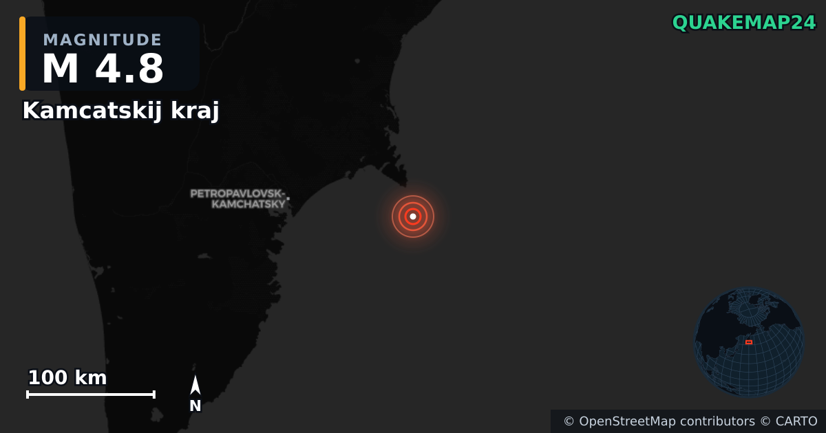 M4.8 earthquake near Kamcatskij kraj on Aug 12, 2025 — map of epicenter and shaking intensity | QuakeMap24