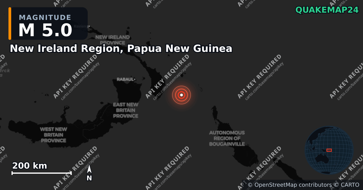 M5.0 earthquake near New Ireland Region, Papua New Guinea on Apr 24, 2026 — map of epicenter and shaking intensity | QuakeMap24