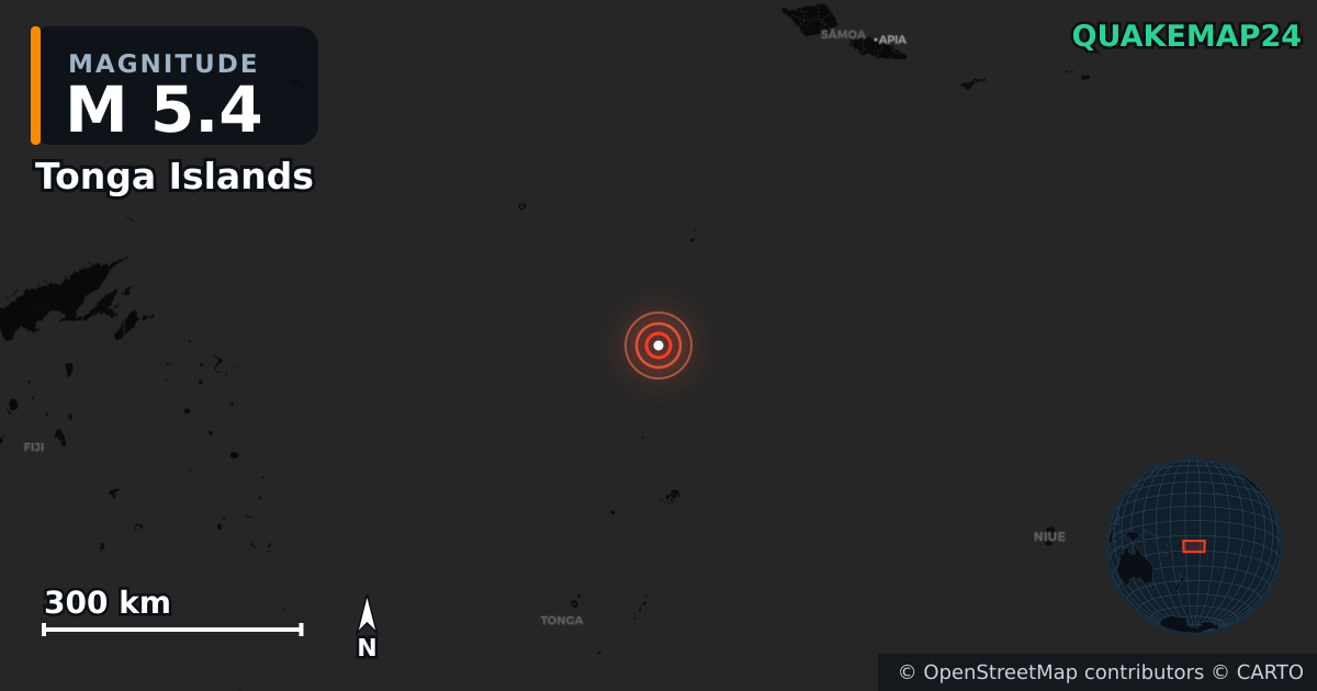 M5.4 earthquake near Tonga Islands on Jun 16, 2025 — map of epicenter and shaking intensity | QuakeMap24