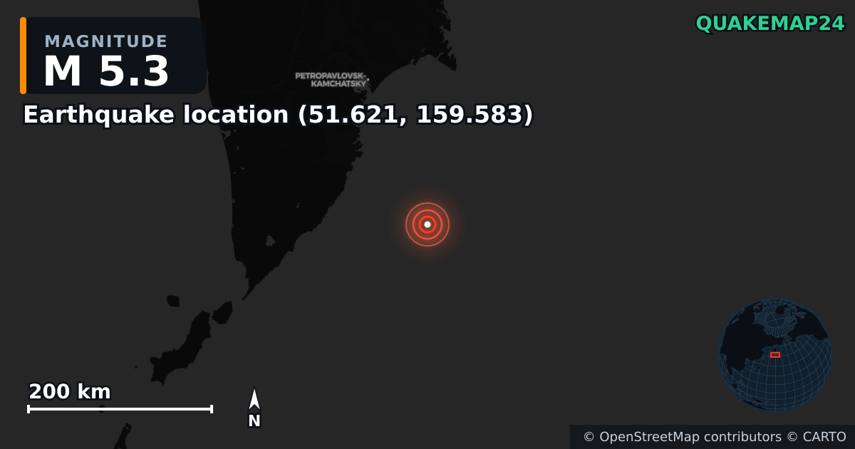 M5.3 earthquake near Deprem konumu (51.621, 159.583) on Sep 22, 2025 — map of epicenter and shaking intensity | QuakeMap24