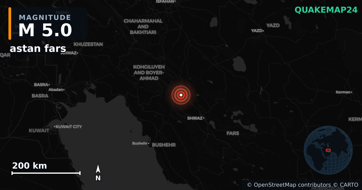 M5.0 earthquake near astan fars on Oct 21, 2025 — map of epicenter and shaking intensity | QuakeMap24
