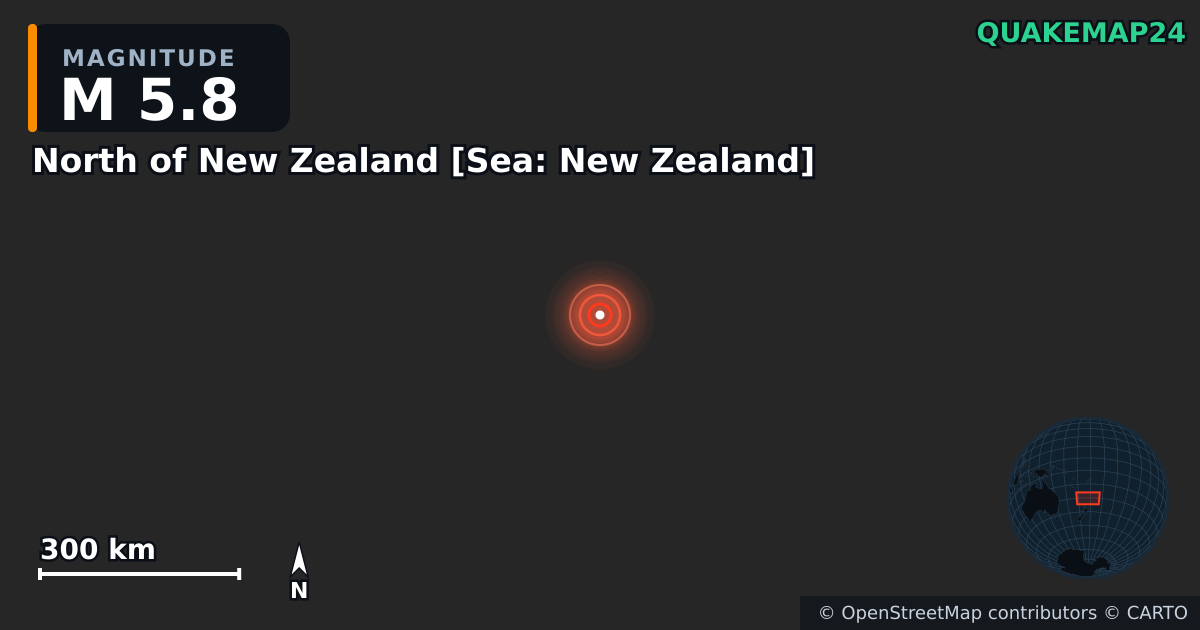North of New Zealand [Sea: New Zealand] yakınında M5,8 deprem — Deprem merkez üssünün konumunu gösteren harita