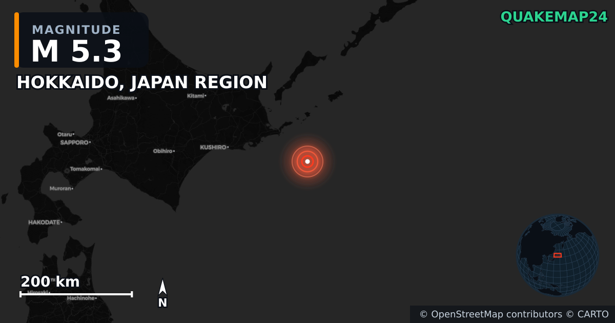 M5.3 earthquake near HOKKAIDO, JAPAN REGION on Dec 20, 2025 — map of epicenter and shaking intensity | QuakeMap24