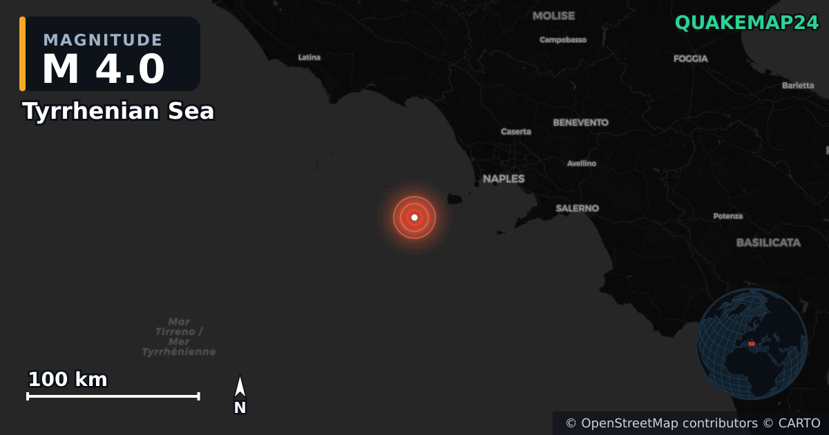 M4.0 earthquake near Tyrrhenian Sea on Nov 18, 2025 — map of epicenter and shaking intensity | QuakeMap24