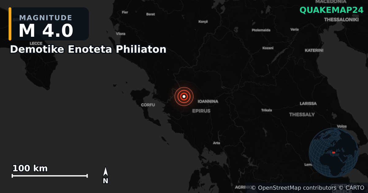 M4.0 earthquake near Demotike Enoteta Philiaton on Apr 11, 2026 — map of epicenter and shaking intensity | QuakeMap24