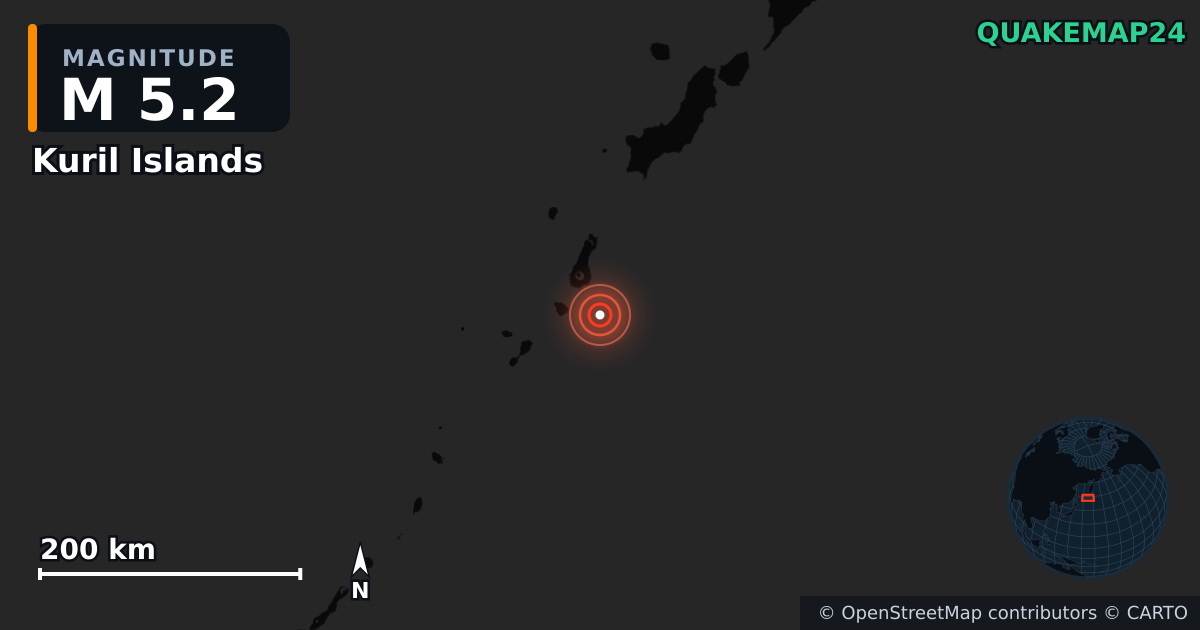 M5.2 earthquake near Kuril Islands on May 10, 2026 — map of epicenter and shaking intensity | QuakeMap24