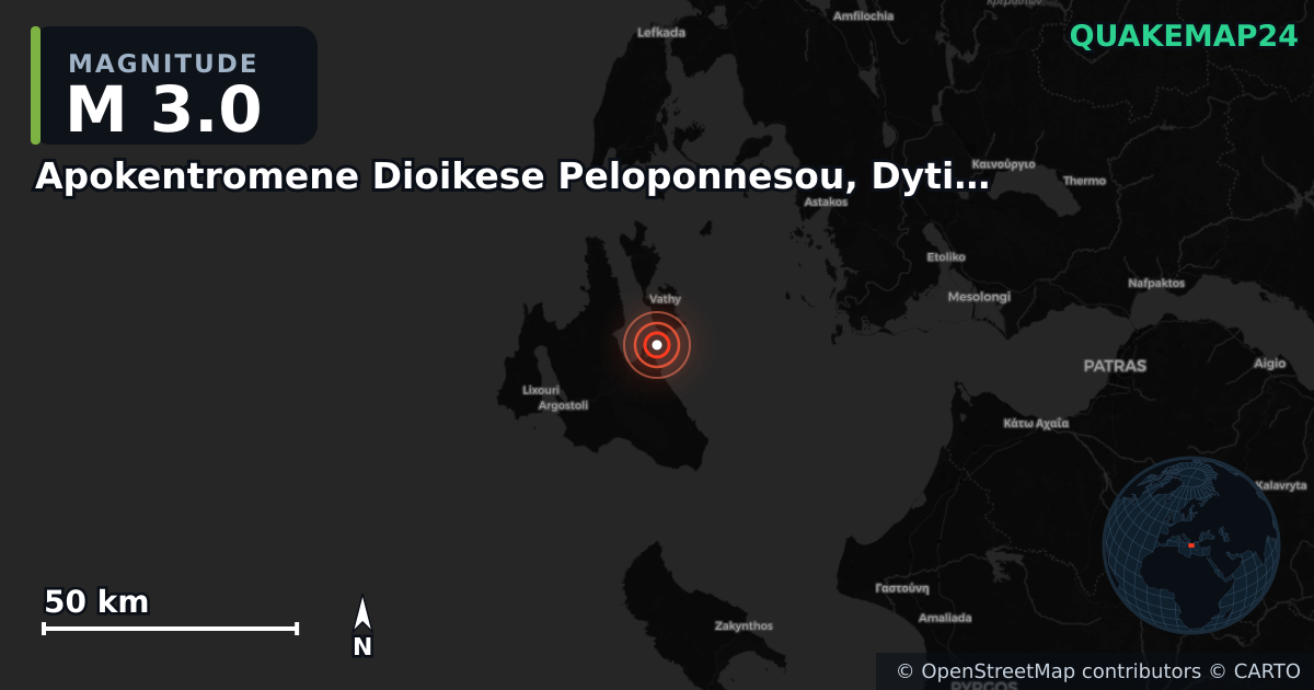 M3.0 earthquake near Apokentromene Dioikese Peloponnesou, Dytikes Elladas kai Ioniou on Jul 3, 2025 — map of epicenter and shaking intensity | QuakeMap24