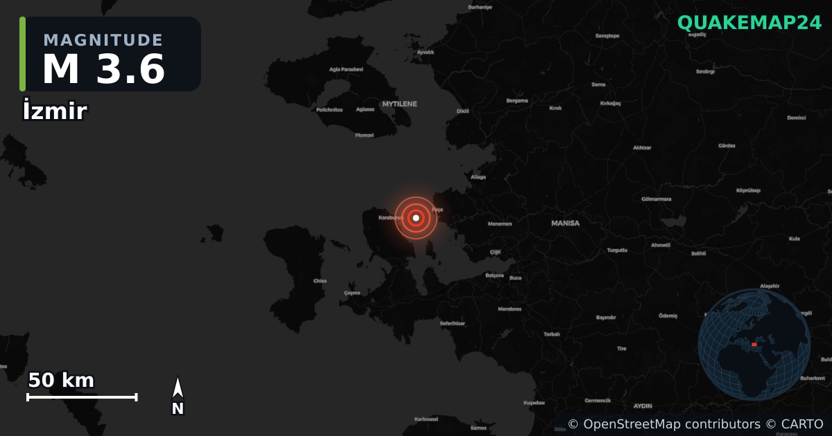 Erdbeben M3,6 bei İzmir (Türkei) · 2026-06-13 — Karte der Lage des Epizentrums