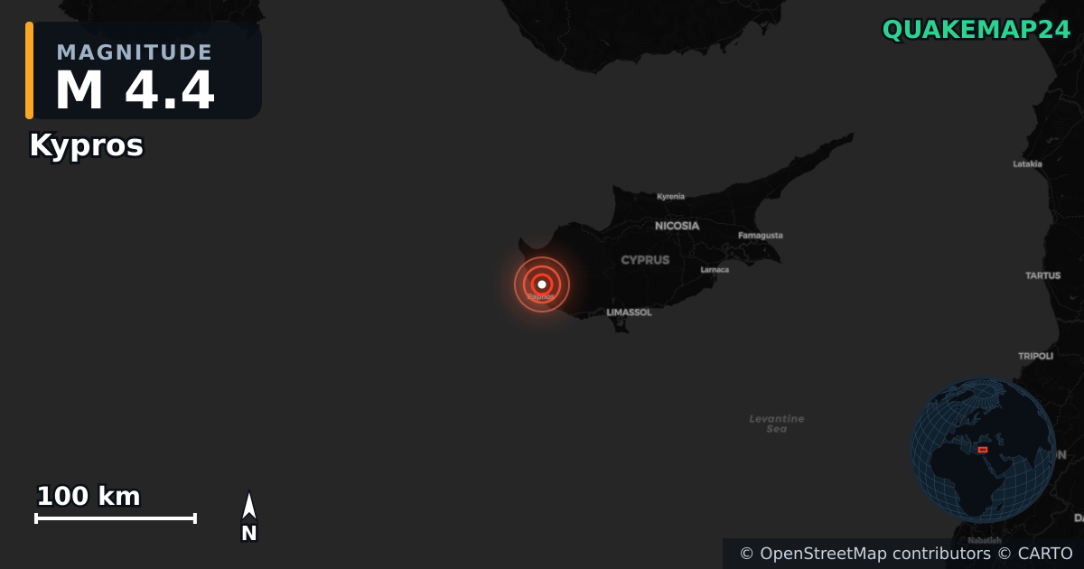 M4.4 earthquake near Kypros on Nov 12, 2025 — map of epicenter and shaking intensity | QuakeMap24