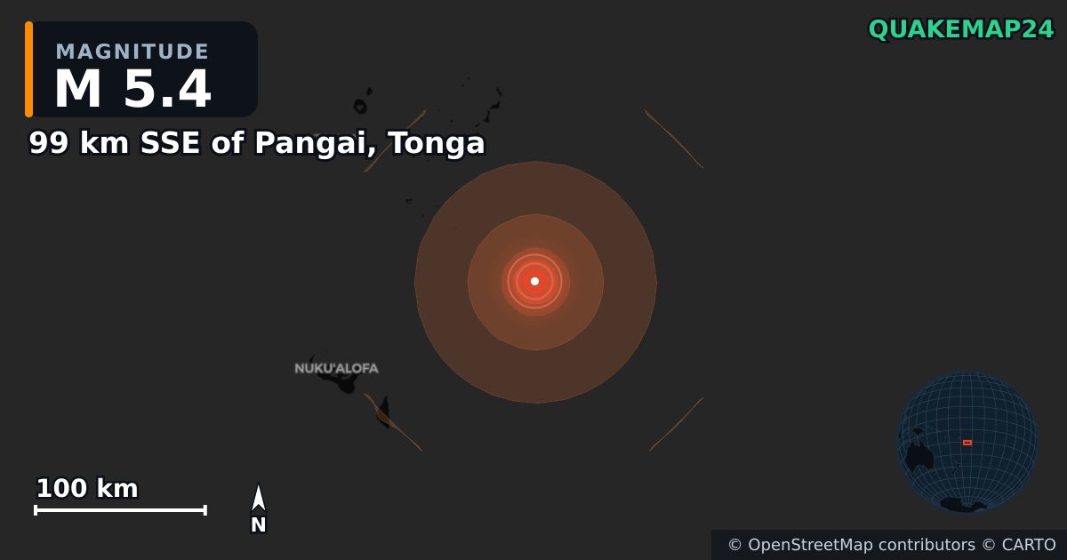 Sismo de M5,4 perto de 99 km SSE of Pangai, Tonga · 2026-09-29 — Mapa da localização do epicentro
