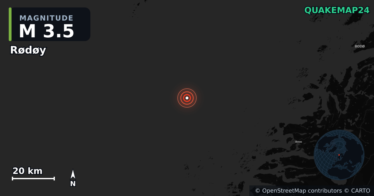 M3.5 earthquake near Rødøy on Aug 19, 2026 — map of epicenter and shaking intensity | QuakeMap24