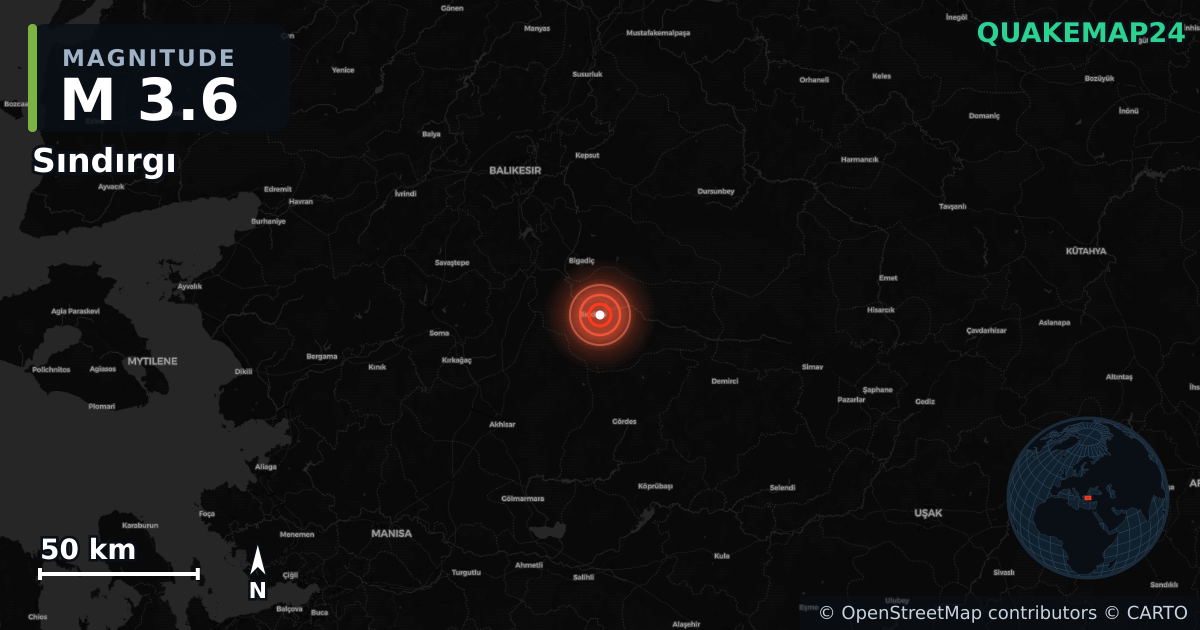 M3.6 earthquake near Sındırgı on Aug 27, 2025 — map of epicenter and shaking intensity | QuakeMap24