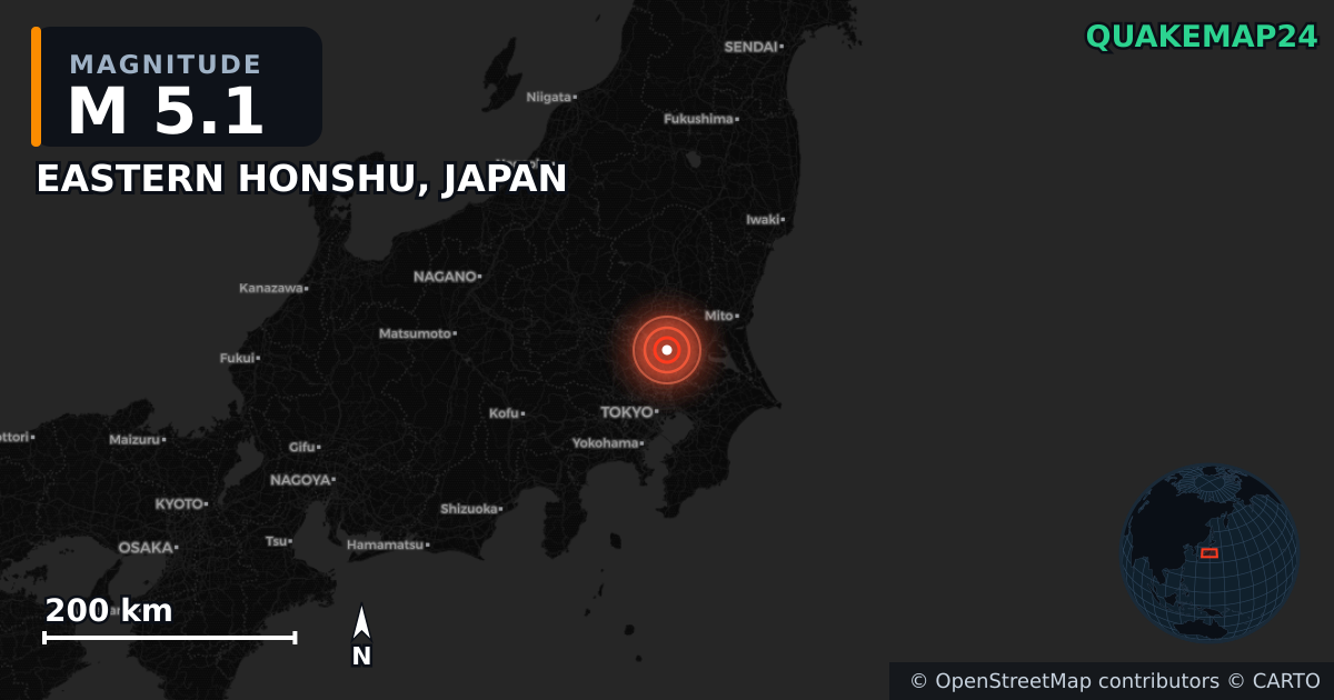 M5.1 earthquake near EASTERN HONSHU, JAPAN on Apr 1, 2026 — map of epicenter and shaking intensity | QuakeMap24