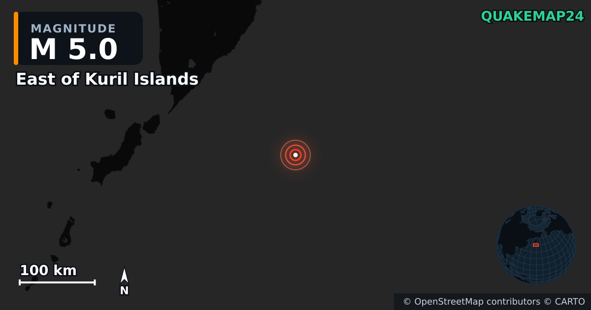 M5.0 earthquake near East of Kuril Islands on Nov 25, 2025 — map of epicenter and shaking intensity | QuakeMap24