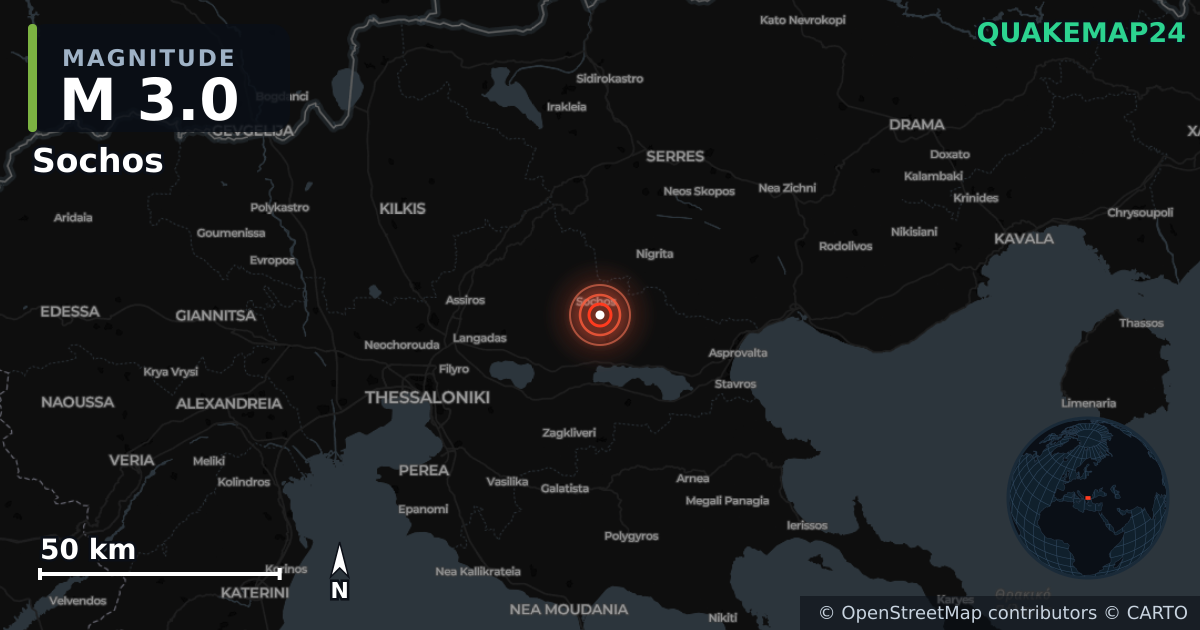 Sismo de M3,0 perto de Sochos, Central Macedonia (Grécia) · 2026-10-30 — Mapa da localização do epicentro
