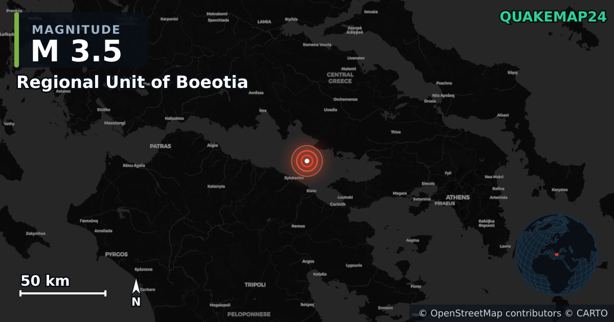M3.5 earthquake near Regional Unit of Boeotia on Jul 24, 2026 — map of epicenter and shaking intensity | QuakeMap24