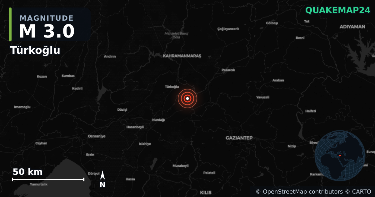 M3.0 earthquake near Türkoğlu on Feb 4, 2026 — map of epicenter and shaking intensity | QuakeMap24