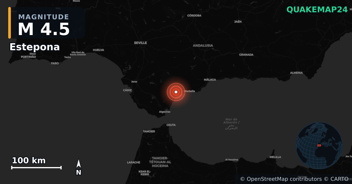 M4.5 earthquake near Estepona on Feb 13, 2026 — map of epicenter and shaking intensity | QuakeMap24