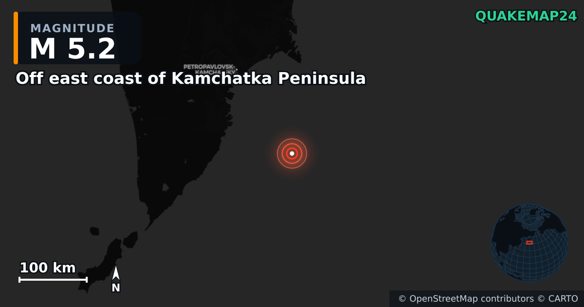 M5.2 earthquake near Off east coast of Kamchatka Peninsula on Jan 28, 2026 — map of epicenter and shaking intensity | QuakeMap24