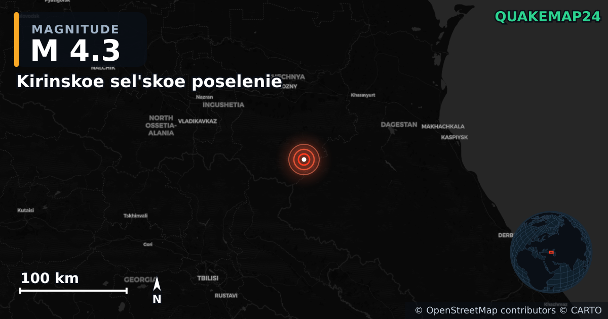 M4.3 earthquake near Kirinskoe sel'skoe poselenie on Apr 1, 2026 — map of epicenter and shaking intensity | QuakeMap24
