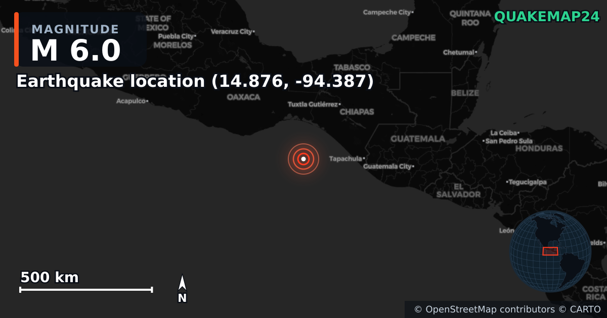 M6.0 earthquake near Earthquake location (14.876, -94.387) on Aug 11, 2025 — map of epicenter and shaking intensity | QuakeMap24