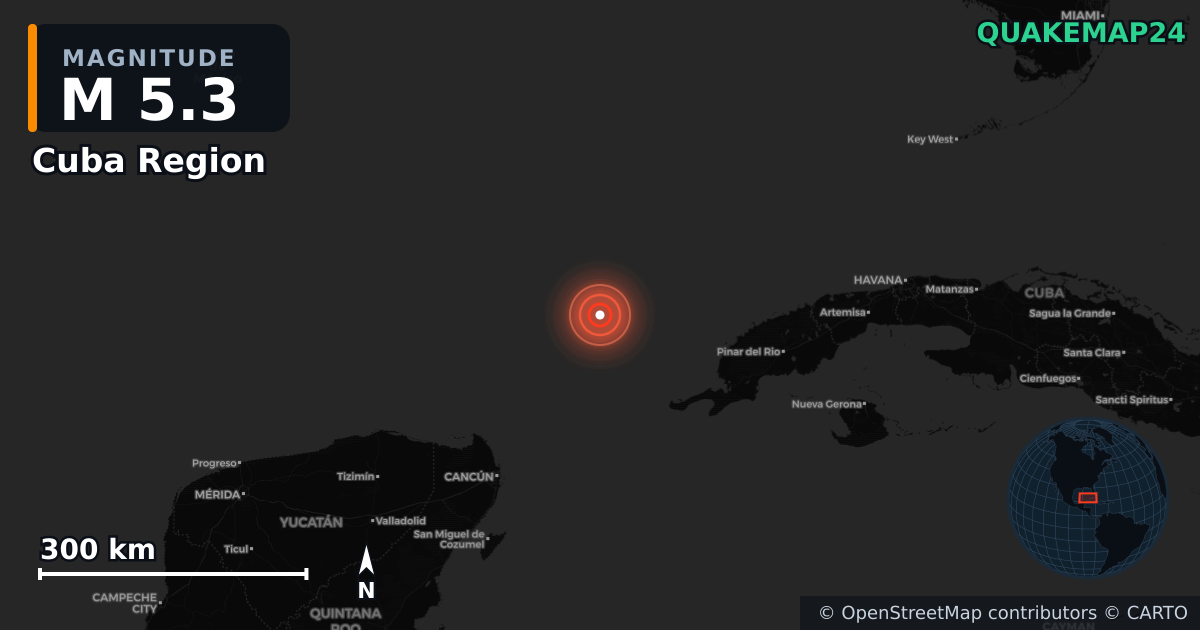 M5.3 earthquake near Cuba Region on Jun 15, 2026 — map of epicenter and shaking intensity | QuakeMap24