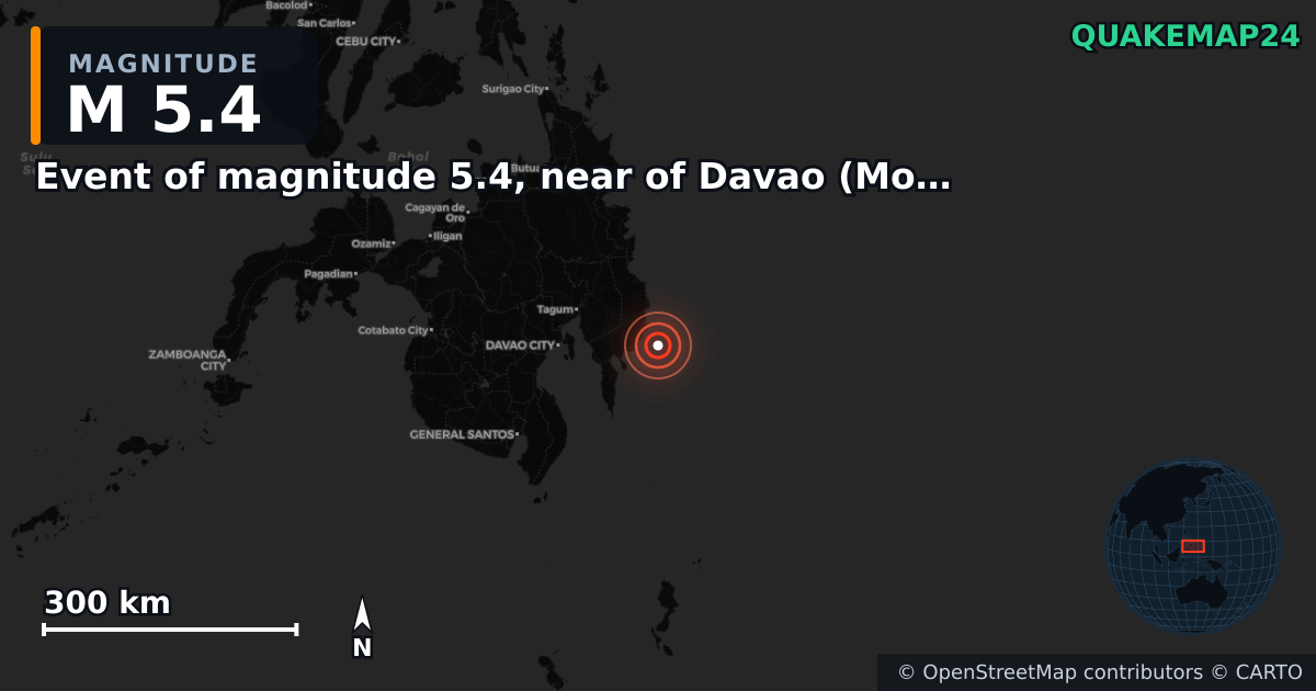 M5.4 earthquake near Event of magnitude 5.4, near of Davao (Monde) on Oct 10, 2025 — map of epicenter and shaking intensity | QuakeMap24