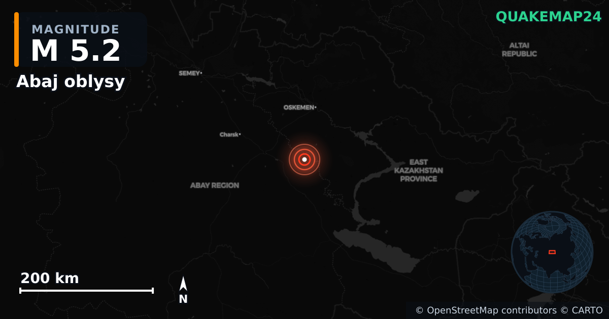 M5.2 earthquake near Abaj oblysy on Jul 23, 2025 — map of epicenter and shaking intensity | QuakeMap24