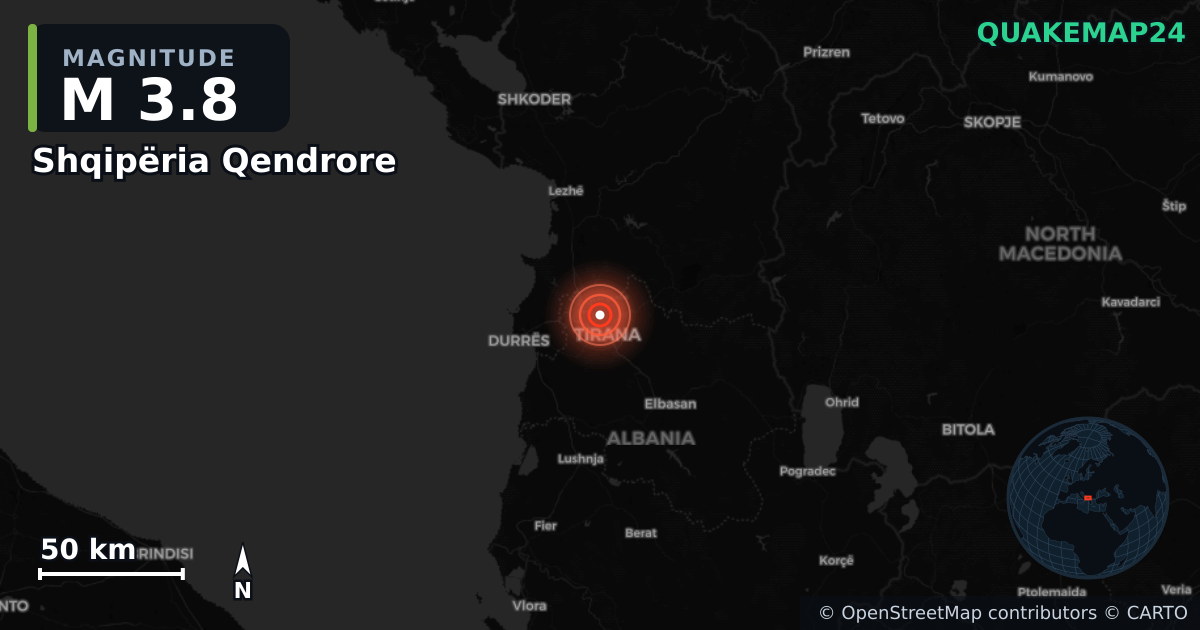 M3.8 earthquake near Shqipëria Qendrore on Jun 27, 2025 — map of epicenter and shaking intensity | QuakeMap24
