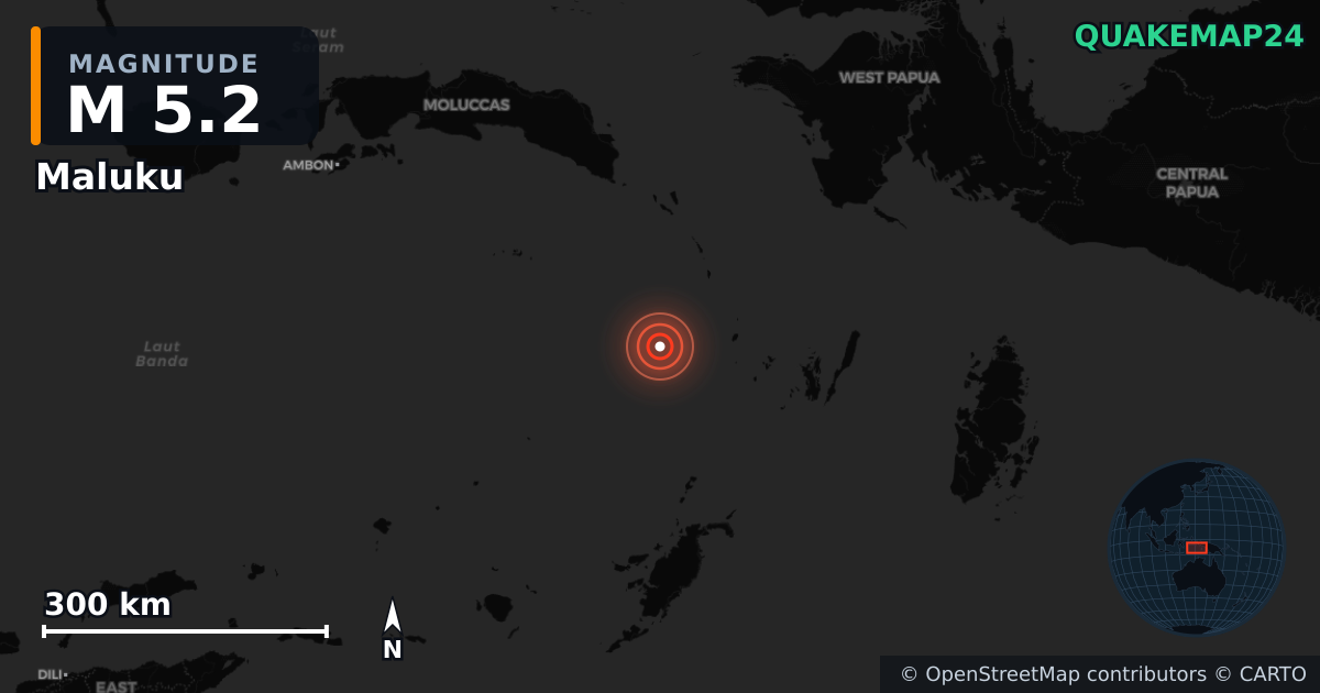 M5.2 earthquake near Maluku on Aug 13, 2025 — map of epicenter and shaking intensity | QuakeMap24
