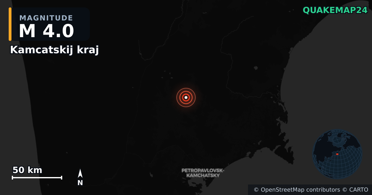 M4.0 earthquake near Kamcatskij kraj on Jul 20, 2025 — map of epicenter and shaking intensity | QuakeMap24